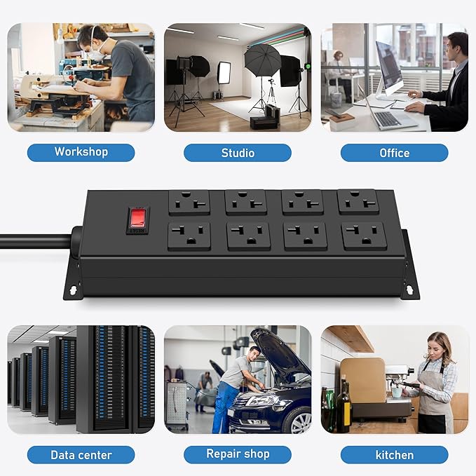 JUNNUJ Heavy Duty 20 Amp Power Strip, Garage 8 Outlets Metal 12 Gauge Surge Protector 3000J, High Amp 5-15P Adapter Shop 6-20R T-Slot Industrial Outlets (8AC, 6FT)