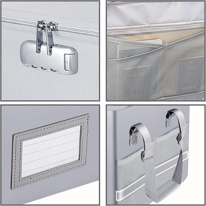 ENGPOW File Box with Lock, Fireproof Document Box with Zipper&Pockets, Collapsible File Organizer Filing Storage Cabinet with Handle, Portable Home Office Safe for Hanging Letter/Legal Folder,Silver