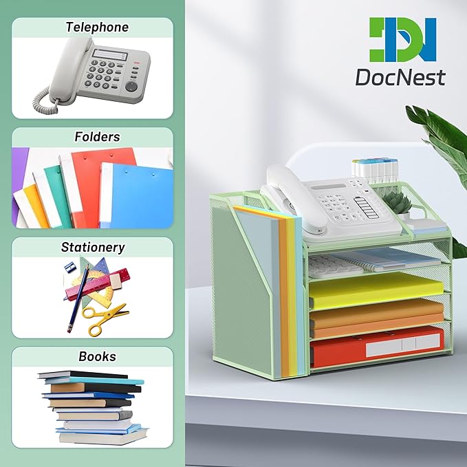 DocNest 5 Tier Paper Letter Tray File Organizer, Mesh Desk File with Handle, Workspace Desk Organizers with Pen Holder, Office Organization Storage Accessories - Green