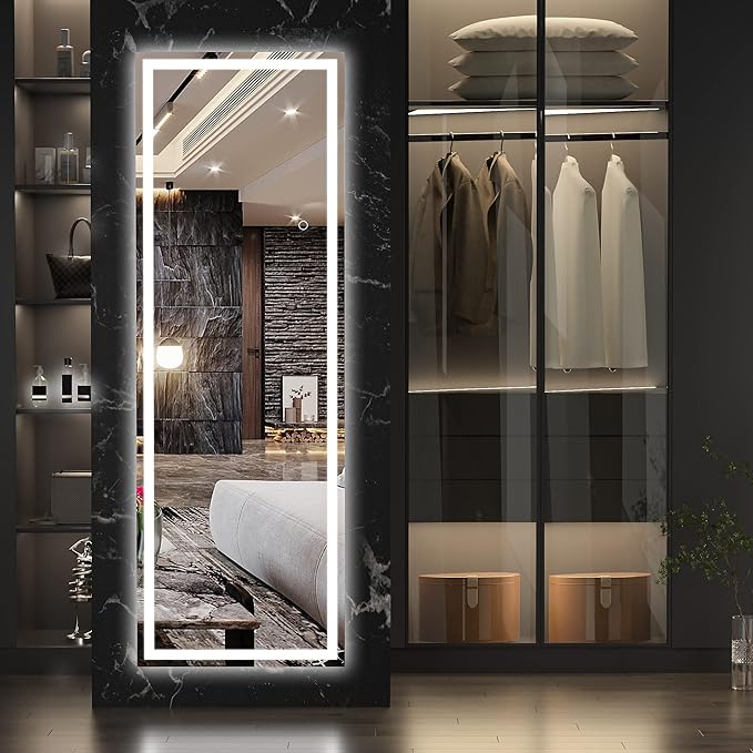 Hasipu Full Length Mirror with Lights, 65" x 20" LED Floor Mirror, Full Body Dressing Standing, Hanging Mounted Mirror for Living Room Bedroom Cloakroom, Square Black