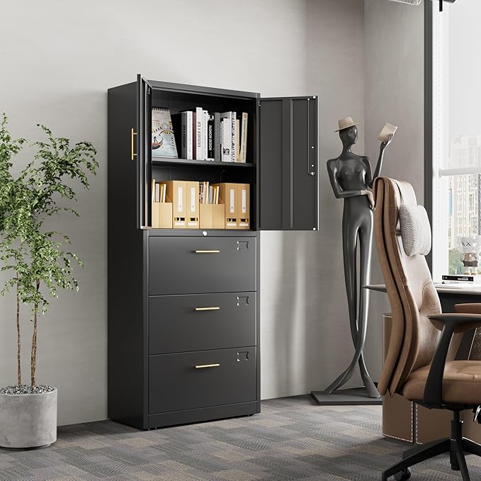 3 Drawer Lateral File Cabinet with Lock, Metal Filing Storage Cabinet with Locking Doors and Adjustable Shelf for Home, Office, School, Fits A4/Letter/Legal Size Folders, Assembly Required