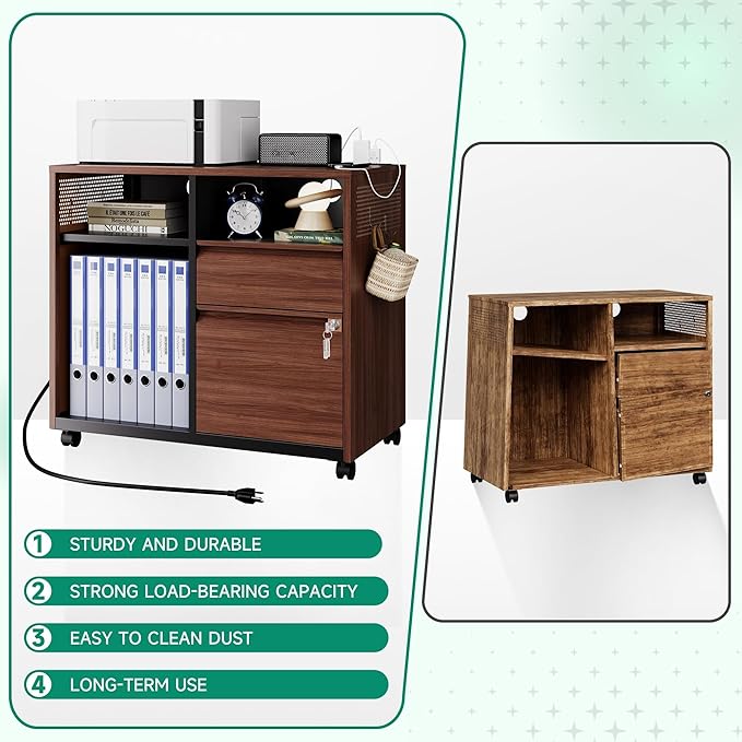Letaya Mobile 2 Drawer File Cabinet with Lock, Metal Lateral Printer Stand Filing Storage Cabinets with Shelves for Home Office-A4/F4/Letter (Charging Socket)