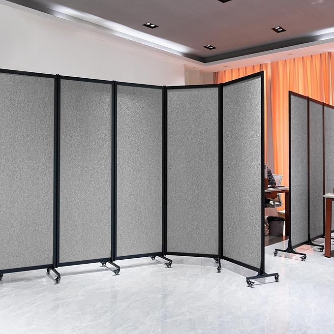 Upgrade Version Room Partition and Divider, Freestanding Rolling Dividers with Wheels,Office Privacy Screen Divider Wall,Classroom Felt Dividers,12'2"L* 6'7"H,6 Panel,Light Grey