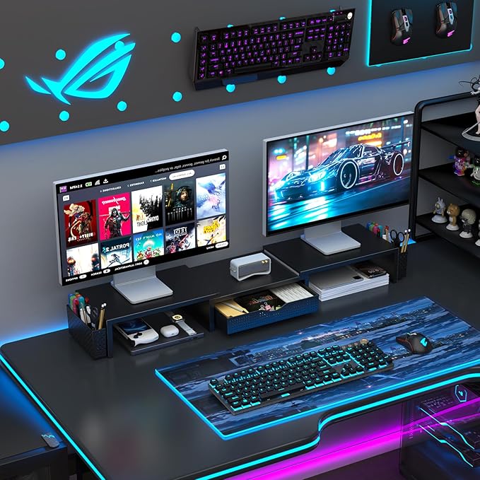 gianotter Dual Monitor Stand Riser, Desk Organizer With Drawer and 2 Pen Holders, Computer Monitor Stand, Desk Shelf for Top of Desk, Balck