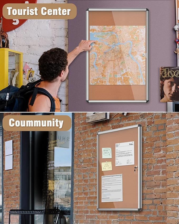 36"x24" Enclosed Bulletin Board, Lockable Weather-Resistant Aluminum Cork Noticeboard for School & Office, Silver Frame w/Cork