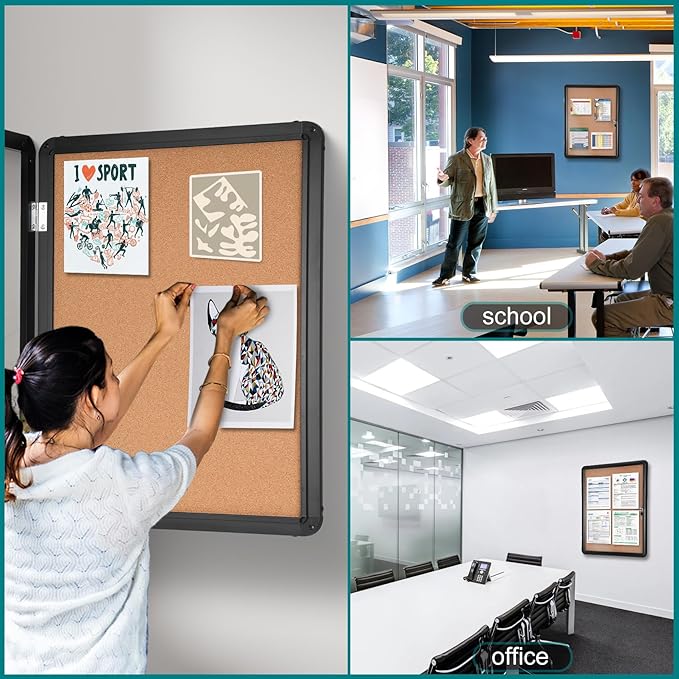Magula 36"x24" Enclosed Cork Bulletin Board Tamper-Proof Dispaly Case, Black Aluminium Frame, Shatter Resistant Lockable Bulletin Board, Enclosed Cork Board for School, Office,Commercial,Hospital etc
