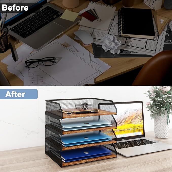 Natwind 4-Tier Stackable Paper Tray, Metal Mesh Desktop Organizer, Paper Sorter, Letter Trays,File Document Storage Rack for for Home, Office, School (Retro)