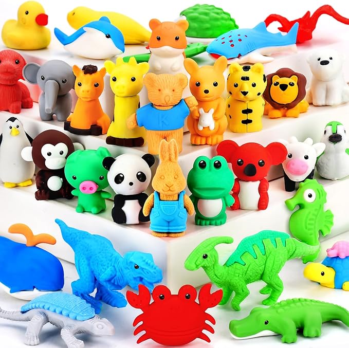 34Pcs Animal Erasers Bulk Cute Desk Pets Kids Puzzle Erasers Take Apart Cool 3D Eraser Mini Pencil Eraser Fun Party Favors for School Supplies Classroom Rewards Easter Egg Fillers Gifts
