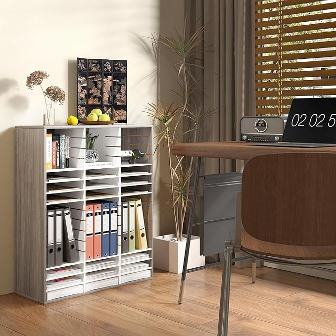 EasyPAG Mail Organizer Countertop, Wood Literature Organizer with Adjustable Shelves, Student Classroom Mailbox for School, Desktop Paper Sorter for Office Home, 48 Compartments, Retro Gray/White