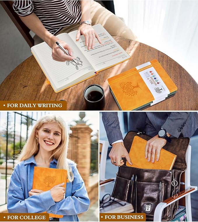 A5 Lined Journal Notebook - 365 Page Leather Journals for Writing Women & Men,Hardcover Notebook with 100Gsm Thick Pages,Daily Diary for Travel, Work,School,Note Taking,College Ruled (5.9" x 8.5")