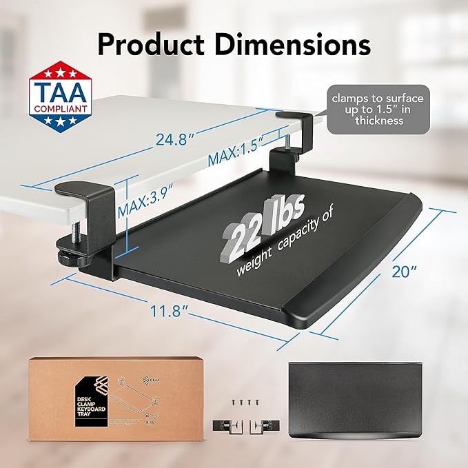 EHO Clamp-On Retractable Adjustable Keyboard Tray, Under Desk Ergonomic Keyboard Tray - Easy Tool-Free Install - Small Surface 20" (24.8" Including Clamps) x 11.5"