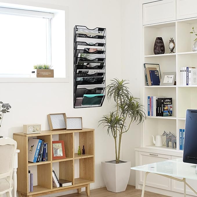 EASEPRES 10 Pocket Mesh Hanging Wall File Organizer, Wall Mounted Mail Paper Document Folder Holder, Clipboard Storage Organization Magazine Rack with Nametag Label for Office Home School, Black