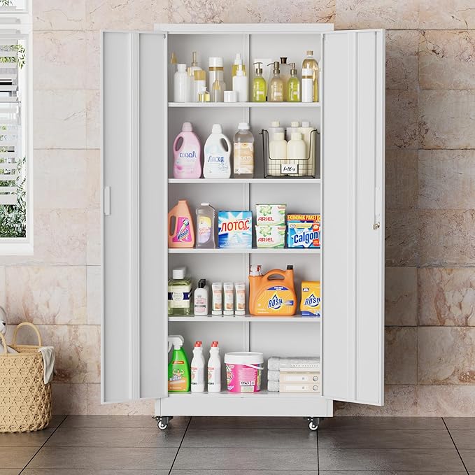 Greenvelly 73" Metal Storage Cabinet with Wheel and Pegboard, Lockable White Metal Garage Cabinets with 2 Doors and 4 Adjustable Shelves, Rolling Steel Tool Cabinet for Garage, Home Office, School