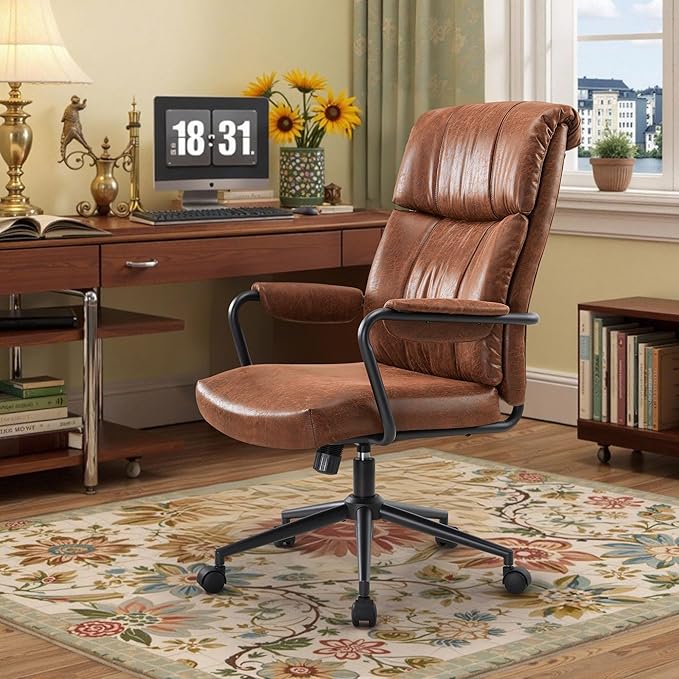Mid Century Office Chair, Ergonomic Modern Breathable Fabric Home Desk Chair with Lumbar Support, Adjustable Height Swivel Computer Chair for Home Office (Brown)