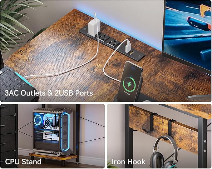 Casaottima L Shaped Desk with 4 Tier Drawers, 53" Gaming Desk with Power Outlets & USB, Reversible L-Shaped Computer Desk with CPU Stand, Home Office Corner Desk with Storage, Easy Assemble, Vintage