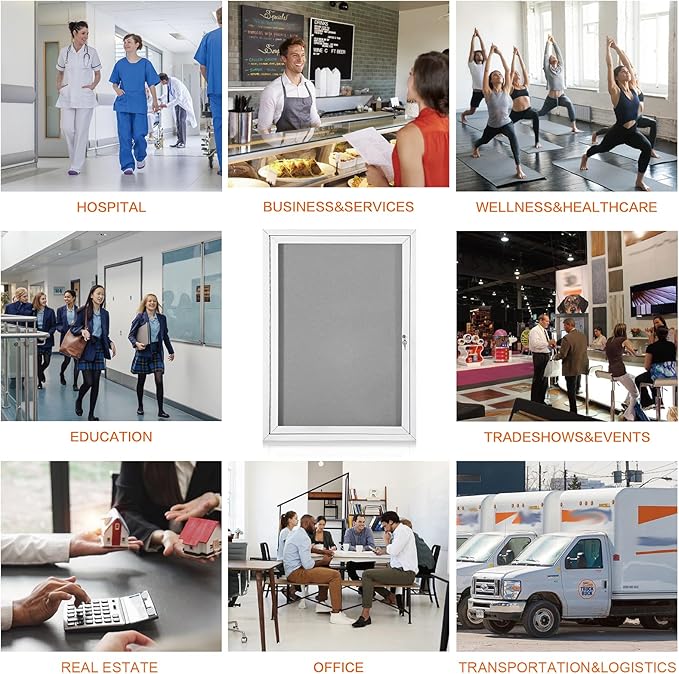 Outdoor Bulletin Board Weatherproof 36x24 in,Enclosed Bulletin Board with Locking Door, Wall Display Case for Office School Home Commercial, Silver Aluminum Frame, Gery Felt