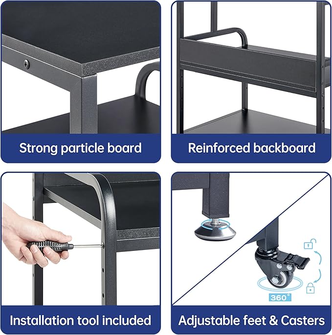 25.6" x 23.6" Extra Large Printer Stand Table with Adjustable Storage Shelf, 3 Tier Rolling Printer Cart with Industrial Wheels for Home Office, Black