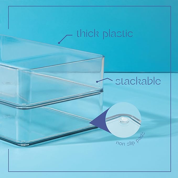 Plastic Clear Drawer Organizers. Bathroom, Kitchen, Bedroom, Makeup, Office Organizer Bins, Storage Trays. Heavy Duty, Stackable. 6" x 6" x 2" Set of 6