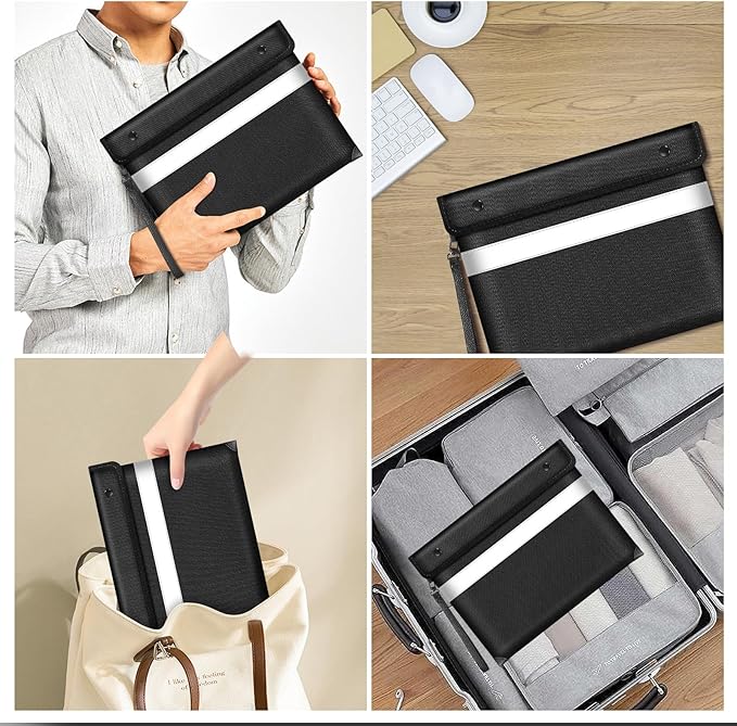 Fire Proof Money Bag for Cash 5200℉ Heat Insulated,Fireproof Waterproof Document Pouches with Double-Sided Reflective Strip,Money Envelopes for Cash,Valuables,Jewelry(11"x7.7",Black)