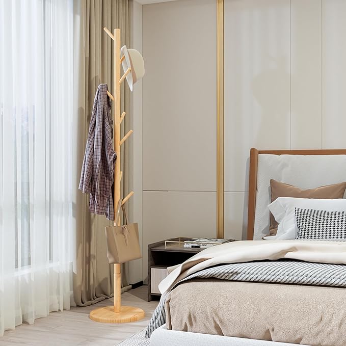 Wooden Coat Rack Freestanding with Round Base, Adjustable 4 Heights Sturdy Coat Hanger Stand 9 Hooks for Hanging Bags, Hats, Save Space Coat Tree for Narrow Place, Entryway, Bedroom, Office (Natural)