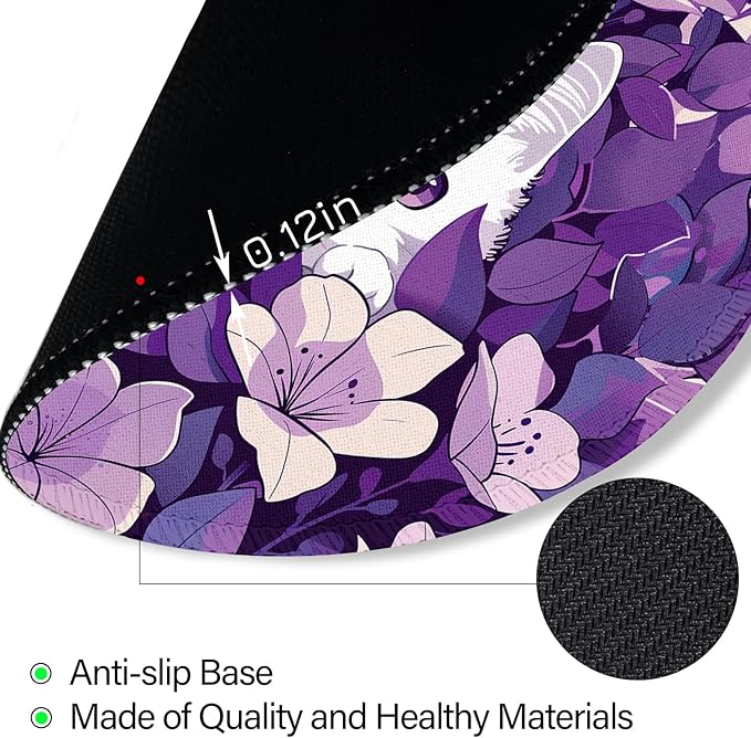 White Cat Purple Floral Mouse Pad, Small Round Mouse Pads for Desk, Kawaii Cute Mini Travel Mousepad for Wireless Computer Laptop, Office Desk Accessories, 8.6 x 8.6 inch