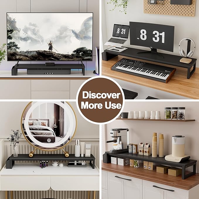 LAND·VOI Dual Monitor Stand Riser,41.5'' Long Monitor Stand for 2 Monitors, Wood and Steel Computer Monitor Stand, Desktop Oraganizer with Pen Holder, Monitor Riser for Desk Computer,Laptop,TV, Black