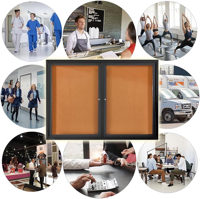 Enclosed Bulletin Board Outdoor Noticeboard with Locking Door, Weather-Resistant, Cork, Black Aluminum Frame, 48 x 34 in