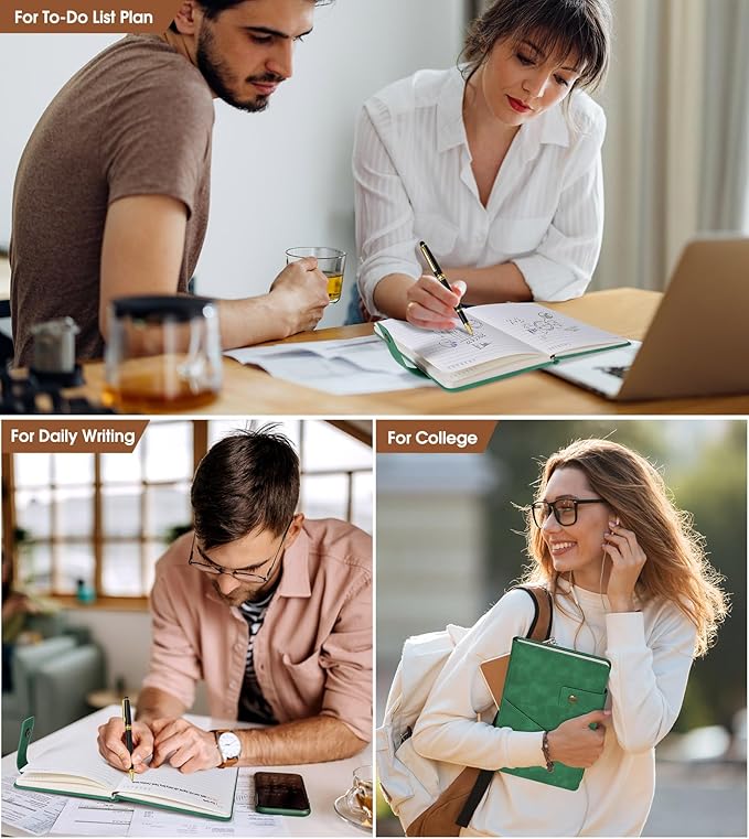 Green A5 Lined Leather Journal Notebook for Men Women,5.9" X 8.4" Personalized Hardcover Journal with Pen,200 Pages 100 Gsm Thick Ruled Paper Daily Diary for School,Travel,Work,Writing