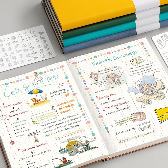 AHGXG Bullet Dotted Journal - Large A4 Notebook Dotted, 8.5''×11'', 320 Pages Dot Grid Notebook, 100gsm Thick Paper, Leather Softcover, with Journal Stencils, Inner Pocket - Black