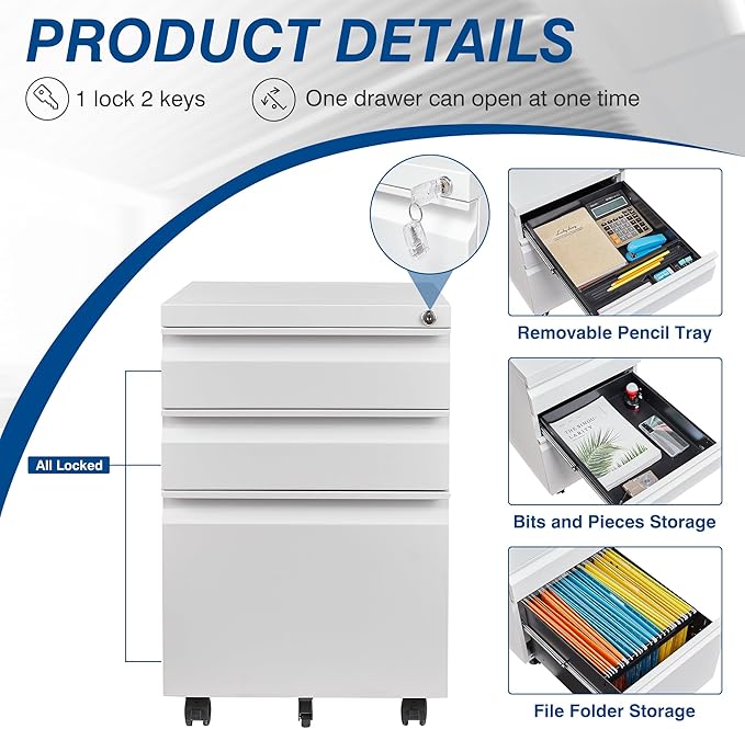 3 Drawer Mobile Metal File Cabinet, White Filling Cabinets with Lock, Pre-Built Office Storage File Cabinet with Wheels Under Desk - Assembled Required