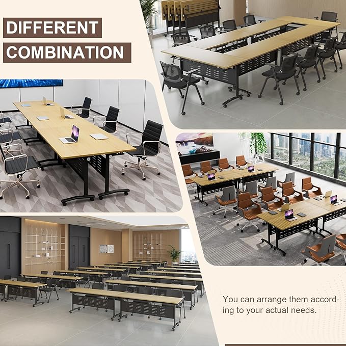 Folding Conference Room Table, Modern Conference Tables with Wheels, Large Rectangular Mobile Training Tables for Office Classroom, Foldable Modular Boardroom Seminar Table Maple (6pack L63in)