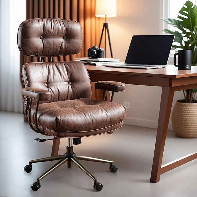 ovios Home Office Chair, Mid-Century Modern Faux PU Leather Chairs with Lumbar Support Comfy Thick Cushion, High Back Ergonomic Swivel Rolling Executive Armchair (Dark Brown, Suede Leather)
