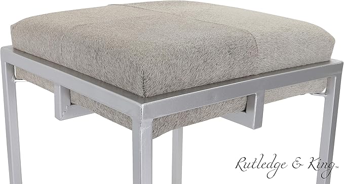 Rutledge & King Cowhide Ottoman/Vanity Stool - Square Ottoman Stool - White Ottoman/Grey Ottoman Foot Rest - Cowhide Grey & White Stool - Gold Stool - Cow Ottoman - Cow Fur Stool (Silver)
