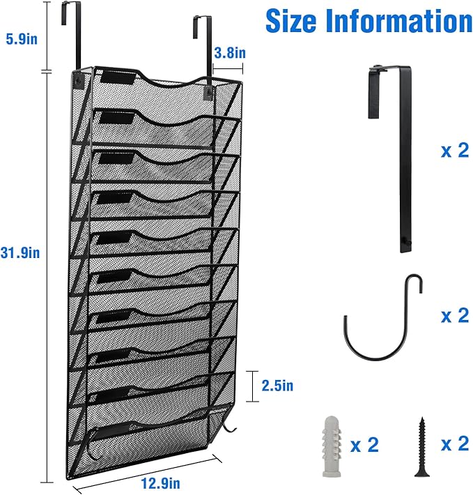 Wall File Organizer, 10 Tire Hanging File Folder Mail Organizer, Vertical Mesh Metal Door/Wall Mount Hanging File Holder, Paper Document Magazine Rack with Hooks for Home Office Black