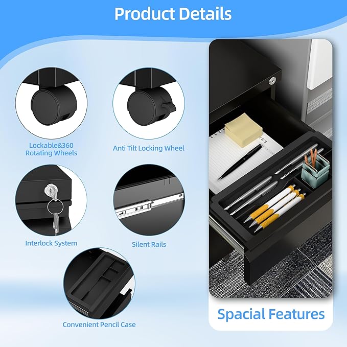 3 Drawer Under Desk Mobile File Cabinet with Lock, Metal Storage Cabinet for Office & Home, Legal/Letter Size, Fully Assembled Except Wheels, Black