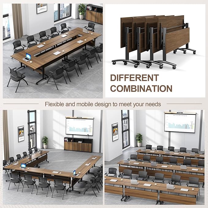Folding Conference Room Table, Modern Conference Tables with Wheels, Large Rectangular Mobile Training Tables for Office Classroom, Foldable Modular Boardroom Seminar Table Walnut (2pack L47.2in)