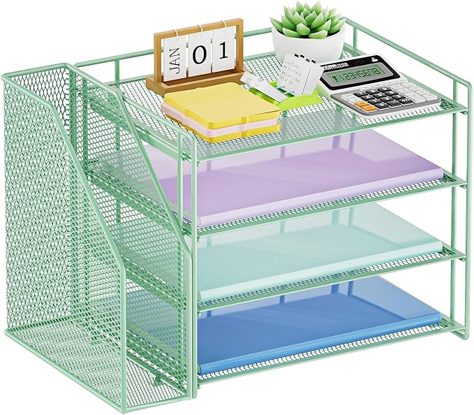 Marbrasse Desk Organizer and Accessories,4-Tier Paper Letter Tray Organizer with File Holder,Desk Accessories & Workspace Desktop Organizers for School Home Office Supplies (Green)