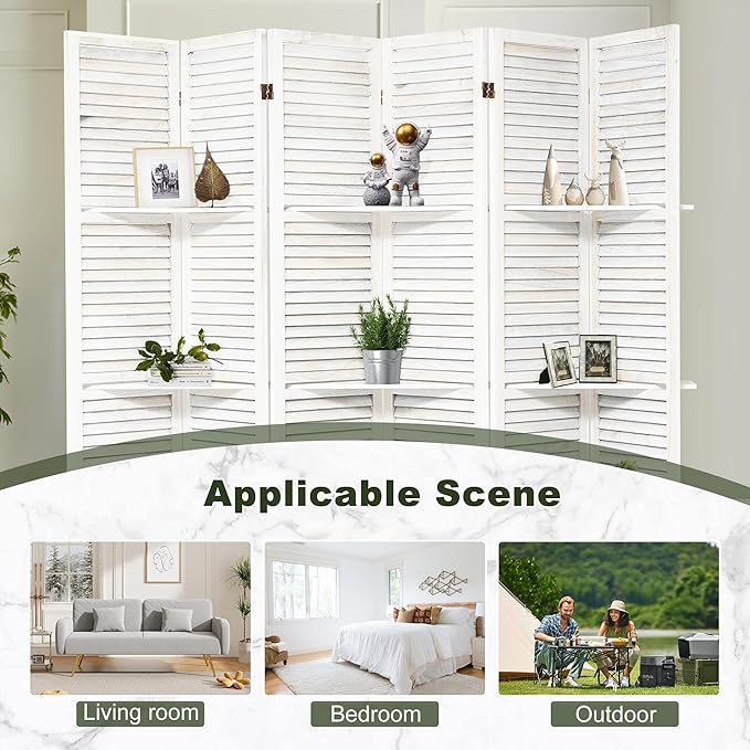 NicBex 6 Panel Room Divider 5.6FT Louvered Design Room Dividers with Display Storage Shelves Folding Privacy Screens Portable Freestanding Partition Wall Dividers for Home Bedroom Office, White