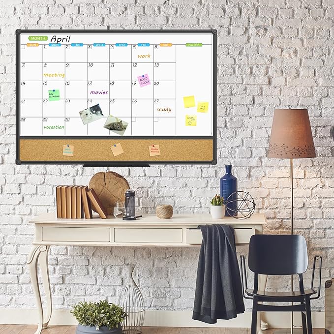 JILoffice Magnetic Calendar Whiteboard & Bulletin Corkboard Combination, Combo Board 36 x 24 Inch, Black Aluminum Frame Wall Mounted Board for Office Home and School with 10 Push Pins