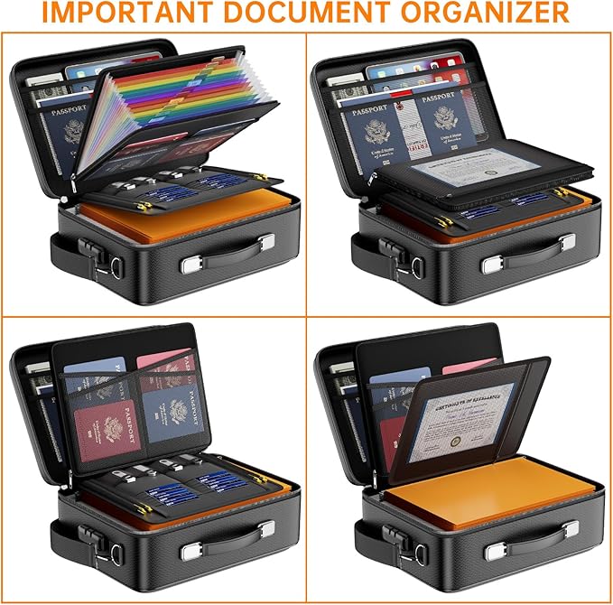 DocSafe Fireproof Document Box with Lock, Hard Case File Organizer with Accordion File Folder, Fireproof Water Resistant Safe Box Home Office Travel Storage for Important Documents Laptop Black