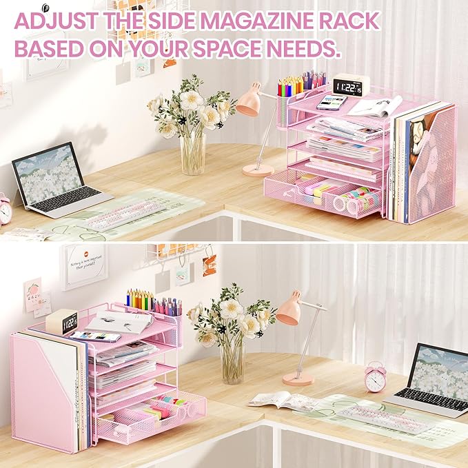Desk Organizers and Accessories, 5-Tier Paper File Organizer with Drawer & Pen Holder, Office Desk Accessories Workspace Desktop Organizer for Office Supplies((Pink)