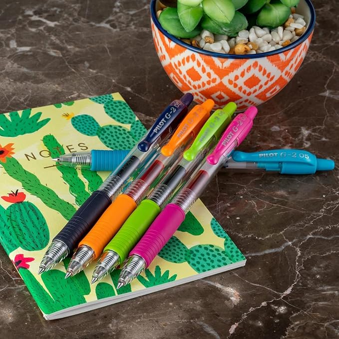 G2 Retractable Premium Gel Ink Roller Ball Pens Extra Fine Point (.5mm) Blue Ink 5 pack; Refillable & Premium Comfort Grip Bundle with Plastic Reusable Pouch