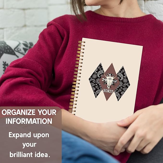 KAOWT Boho Western Howdy Notebook Journal, Rustic Western Cow Skull Notebooks for Note Taking, Country Southwestern Tribal Journal, Cowboy Cowgirl Gifts Hardcover Spiral Notebook 5.5x8.3in