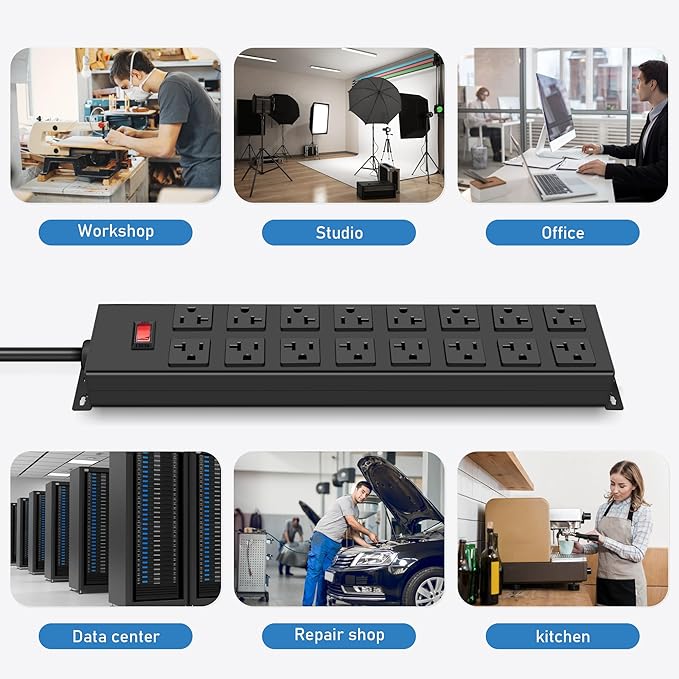 JUNNUJ Heavy Duty 20 Amp Power Strip, Garage 16 Outlets Metal 12 Gauge Surge Protector 3000J, High Amp 5-15P Adapter Shop 6-20R T-Slot Industrial Outlets (16AC, 15FT)