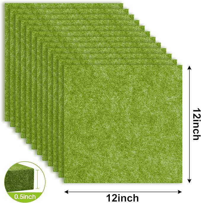 AKTOP Cork Bulletin Board 12x12, 1/2" Thick Felt Cork Board Tiles 12 Pack, Small Square Pin Board for Wall, Self Adhesive Corkboards with 120 Push Pin Wood Clips for School, Home & Office, Green
