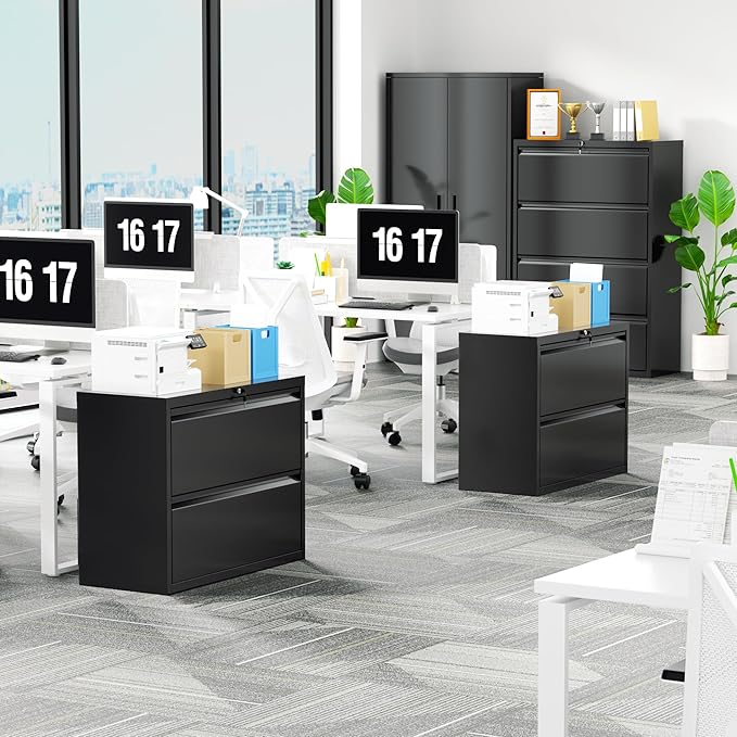 Crownland Lateral File Cabinet with 2 Drawers, 28" W Metal Lockable Office File Cabinets for Home Office- Stores Letter/Legal/A4/F4 Files(Black)