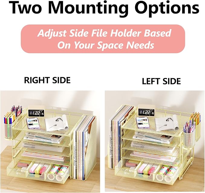 Desk Organizers and Accessories, 5-Tier Paper File Organizer with Drawer & Pen Holder, Office Desk Accessories Workspace Desktop Organizer for Office Supplies(Gold)