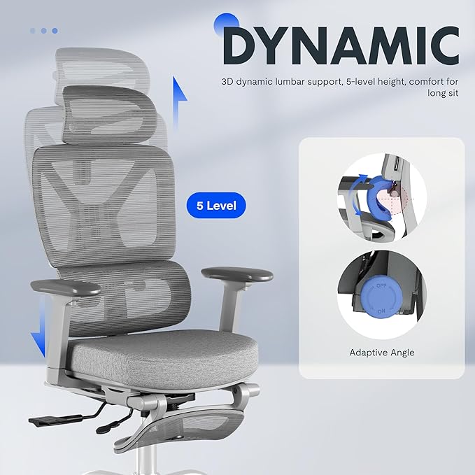 FLEXISPOT ErgoX Premium Ergonomic Office Chair with Footrest- Adjustable 3D Armrests, Dynamic Lumbar Support, Recline & Tilt Function, Mesh Seat, for Home & Office Use,Foam Grey