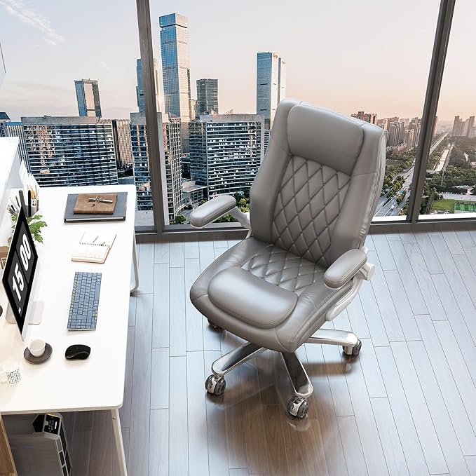 GYI O205P High Back Executive Office Chair, Big and Tall Office Chair 400LBS with Rubber Wheels,Ergonomic Adjustable Computer Desk Chairs with Padded Flip-up Armrests,Lumbar Support (Grey)