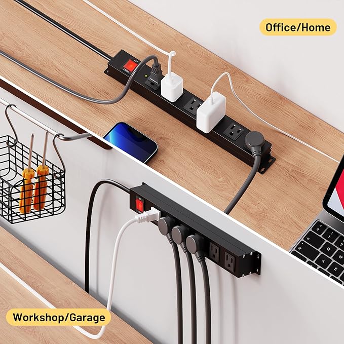 KF 6 Outlet Metal Power Strip with Surge Protection 2100J Mountable Power Outlet with Aluminum Alloy Mount Power Strip 14AWG 8FT Extension Cord,15A/125V/1875W in Home,Garage,Black